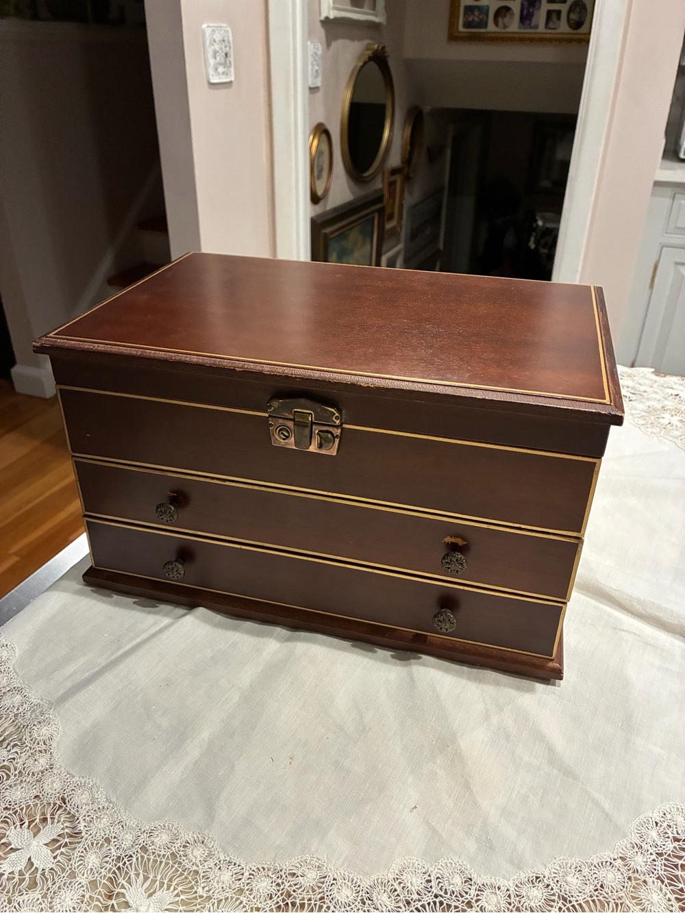 Vintage Wood Jewelry Box with Brass Accents